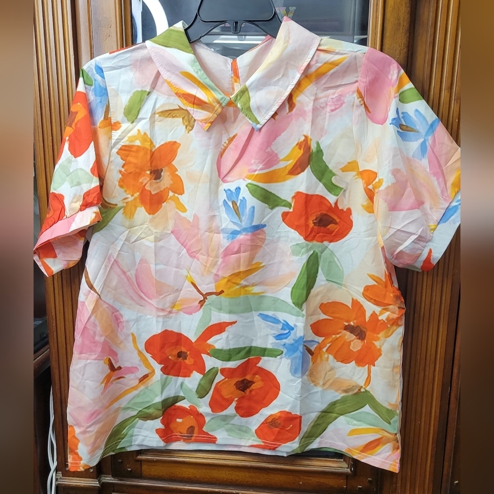 Floral Short Sleeve Short Sleeve Collar Blouse XXL